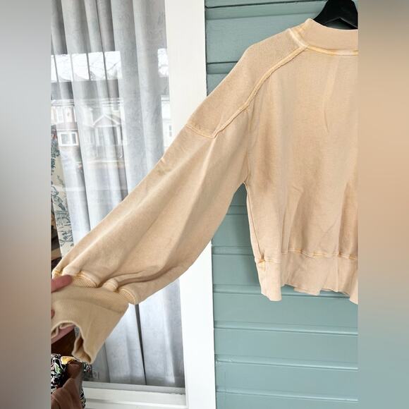 Free people balloon sleeve pullover sweatshirt 100% cotton boho butter yellow L - Picture 7 of 9